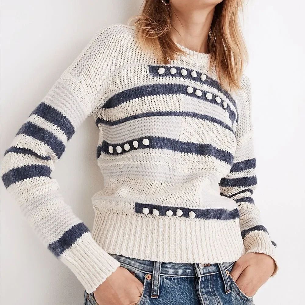 NWT MADEWELL Grandover Bobble Pullover Sweater White Blue Women’s Size XS